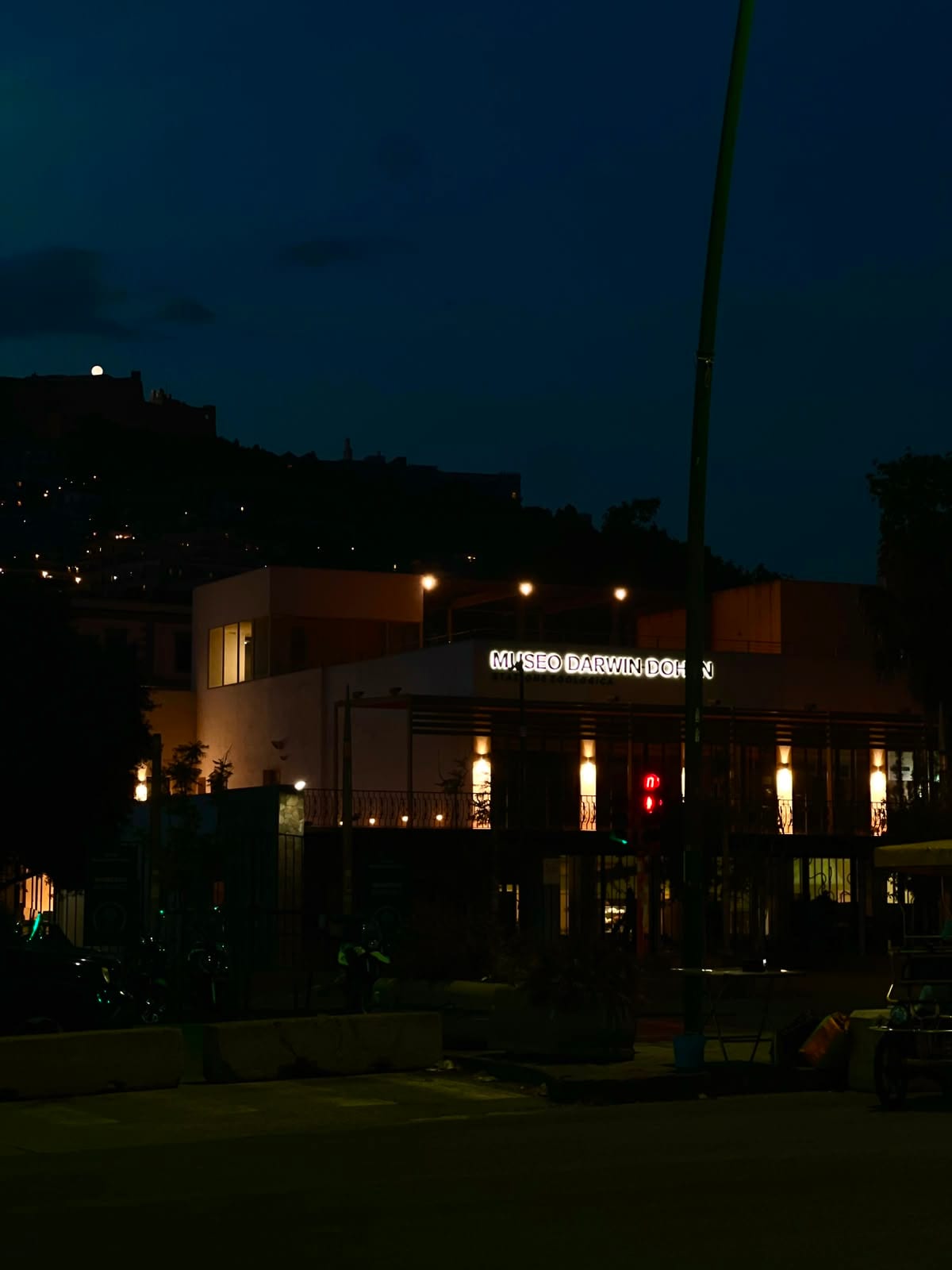 Illuminated facade of the Museo Darwin-Dohrn in the Villa Comunale at night.