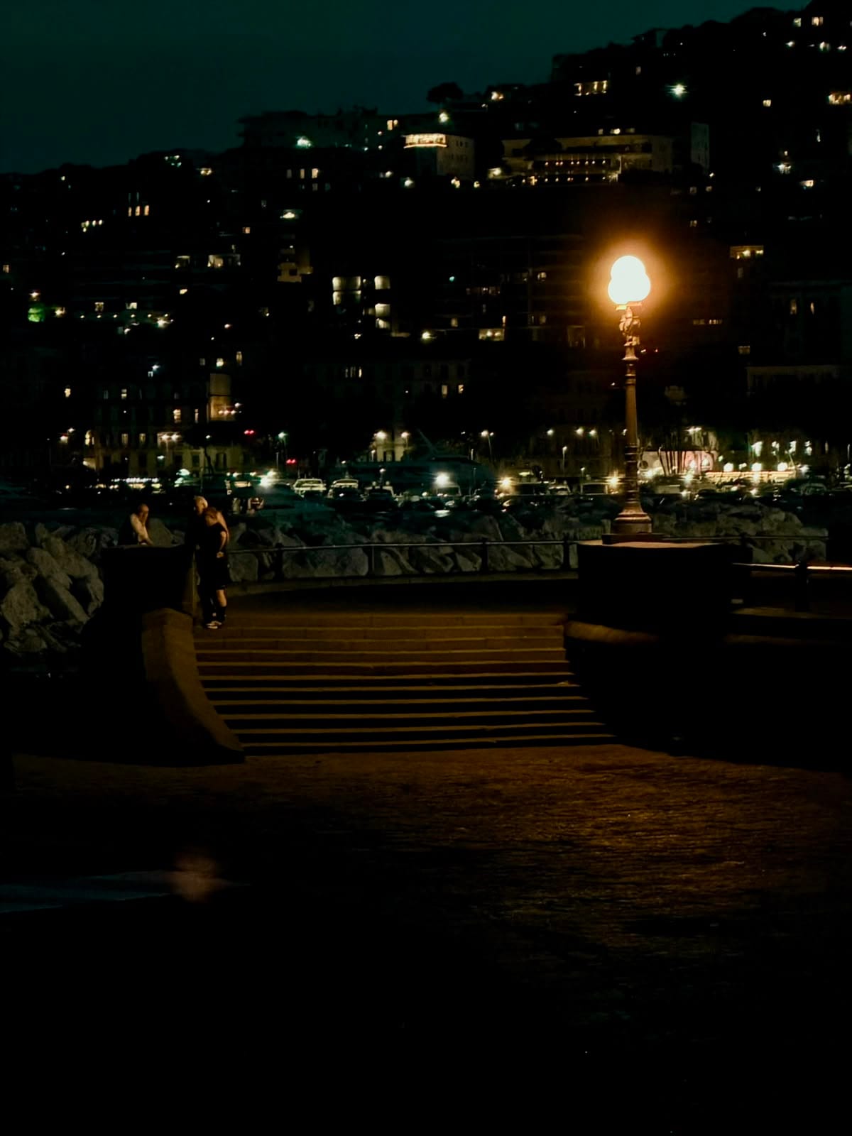 A couple on a rocky seafront at night, a streetlight and hillside lights behind them.